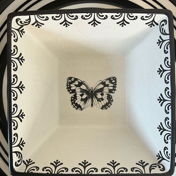 Royal Norfolk Butterfly 1 Piece Chip Veggies Dip Serving Bowl Plate Black White - Picture 2 of 8